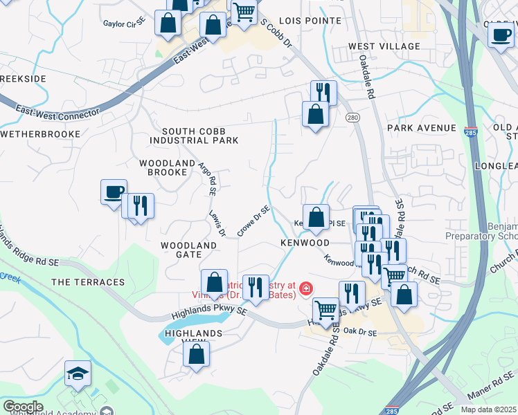 map of restaurants, bars, coffee shops, grocery stores, and more near 1869 Kenwood Road Southeast in Smyrna