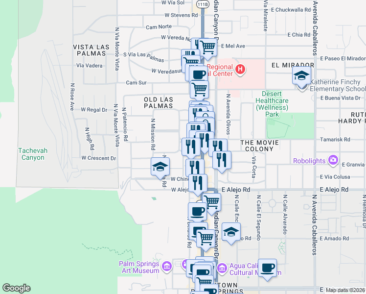 map of restaurants, bars, coffee shops, grocery stores, and more near 740 North Prescott Drive in Palm Springs