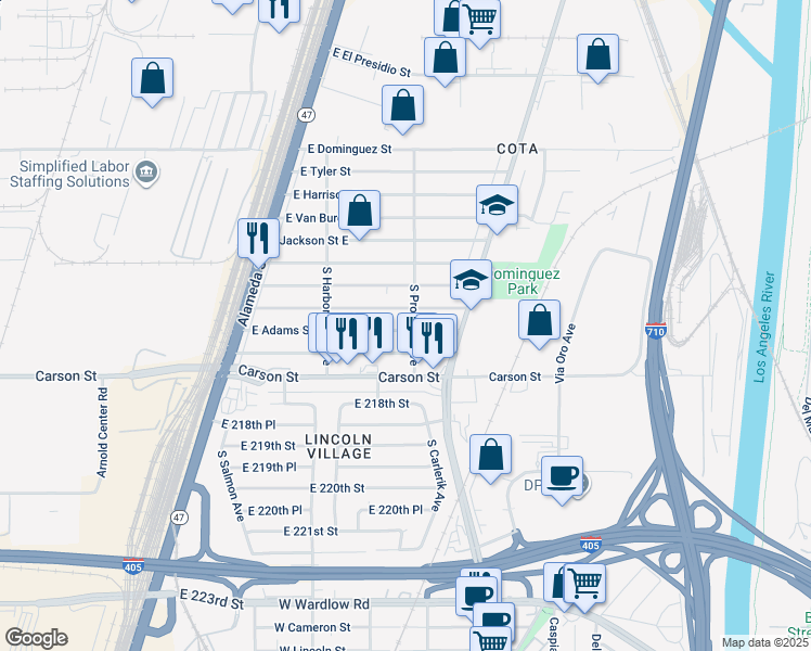 map of restaurants, bars, coffee shops, grocery stores, and more near 2673 East Adams Street in Carson