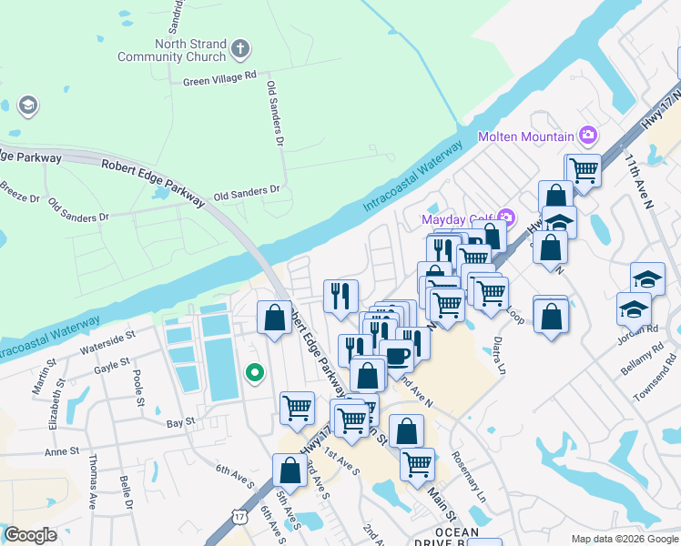 map of restaurants, bars, coffee shops, grocery stores, and more near 203 Landing Road in North Myrtle Beach