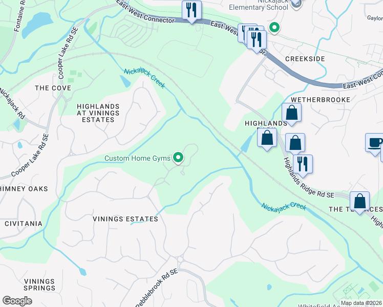 map of restaurants, bars, coffee shops, grocery stores, and more near 564 Vinings Estates Drive Southeast in Mableton