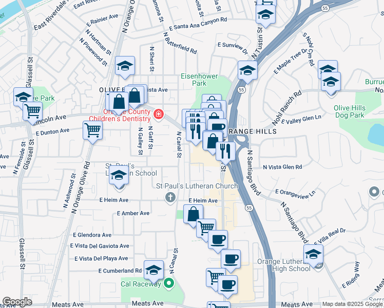 map of restaurants, bars, coffee shops, grocery stores, and more near 2687 North Bourbon Street in Orange