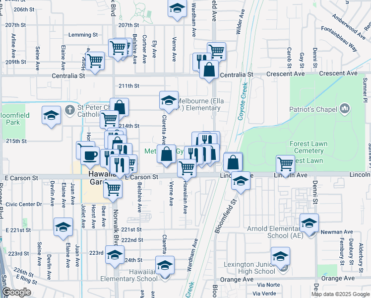 map of restaurants, bars, coffee shops, grocery stores, and more near 12452 215th Street in Lakewood