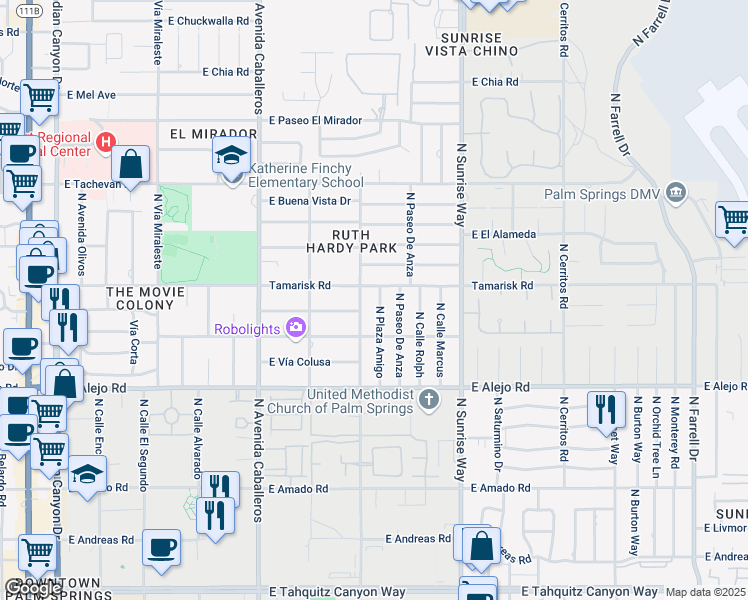 map of restaurants, bars, coffee shops, grocery stores, and more near 1280 Tamarisk Road in Palm Springs