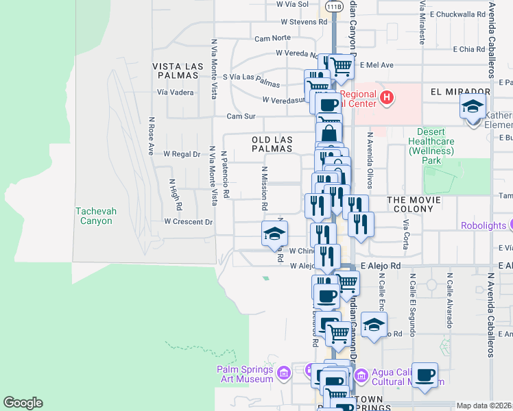 map of restaurants, bars, coffee shops, grocery stores, and more near 811 North Mission Road in Palm Springs