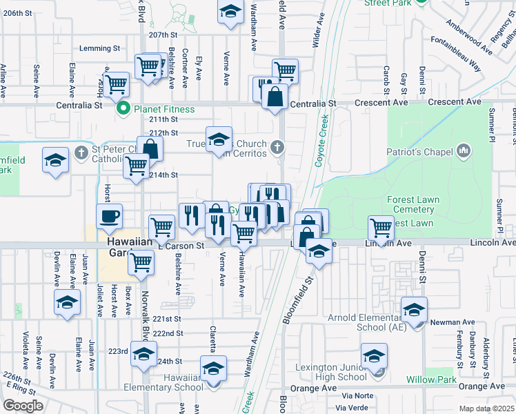 map of restaurants, bars, coffee shops, grocery stores, and more near 21444 Wardham Avenue in Lakewood
