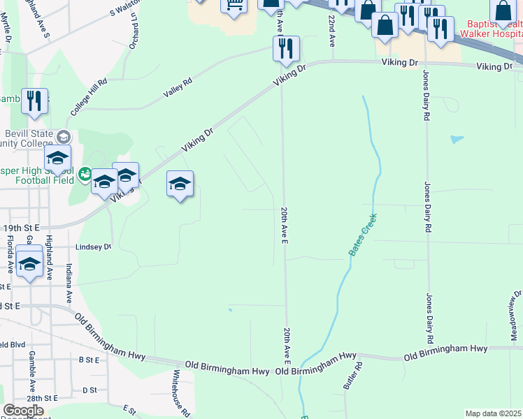 map of restaurants, bars, coffee shops, grocery stores, and more near 20th Avenue East in Jasper