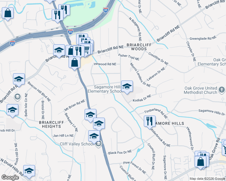 map of restaurants, bars, coffee shops, grocery stores, and more near 2031 Audubon Drive Northeast in Atlanta