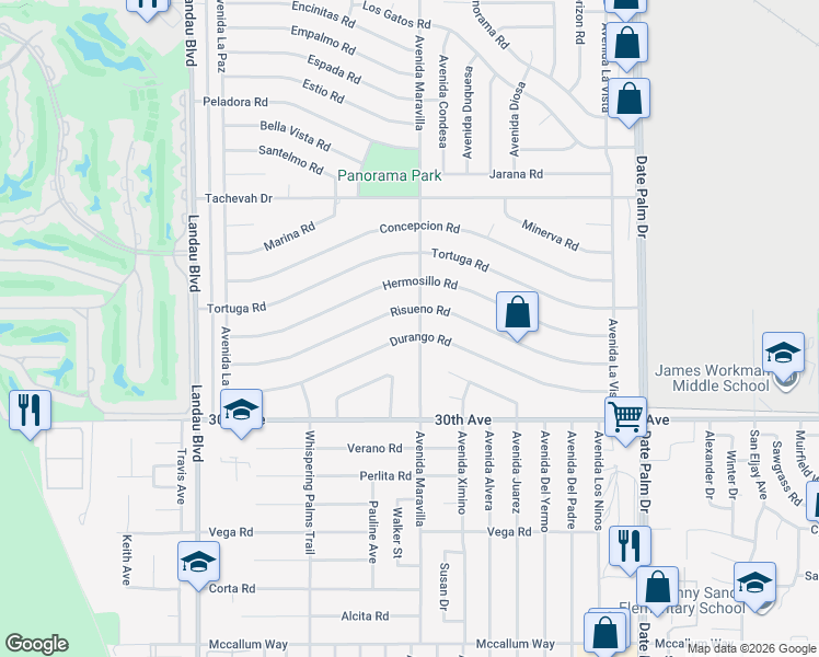 map of restaurants, bars, coffee shops, grocery stores, and more near 68445 Risueno Road in Cathedral City