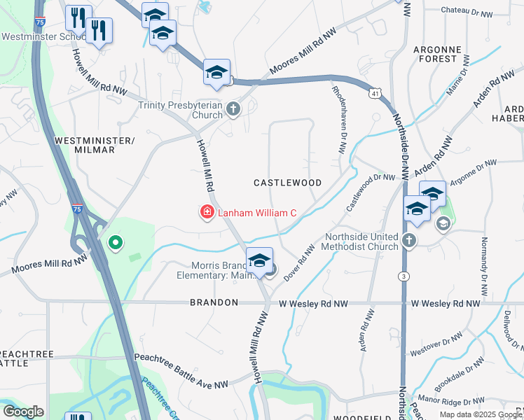 map of restaurants, bars, coffee shops, grocery stores, and more near 3271 Rockingham Drive Northwest in Atlanta