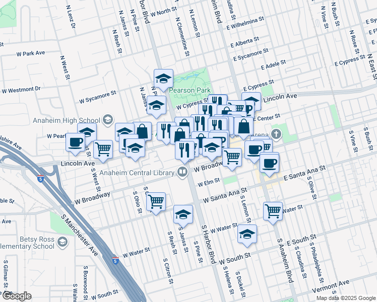 map of restaurants, bars, coffee shops, grocery stores, and more near 435 West Center Street Promenade in Anaheim