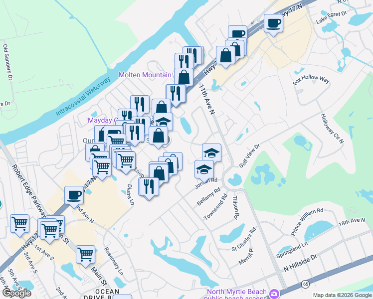 map of restaurants, bars, coffee shops, grocery stores, and more near 1001 Tilghman Forest Drive in North Myrtle Beach