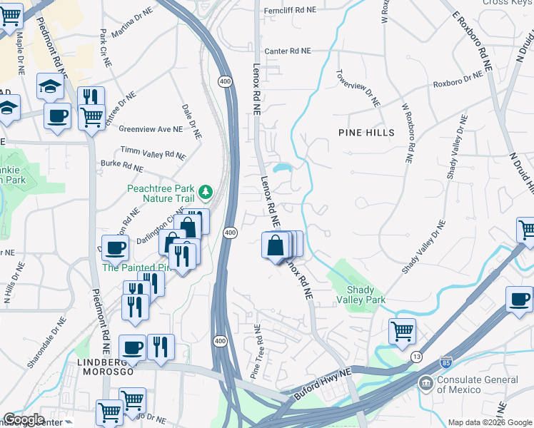 map of restaurants, bars, coffee shops, grocery stores, and more near 801-899 Lenox Way Northeast in Atlanta