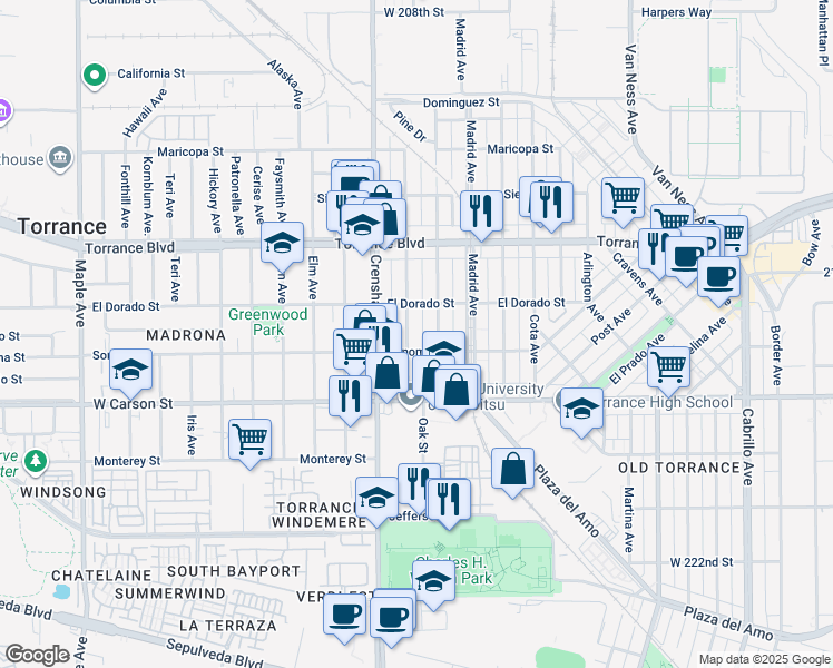 map of restaurants, bars, coffee shops, grocery stores, and more near 1508 Beech Avenue in Torrance