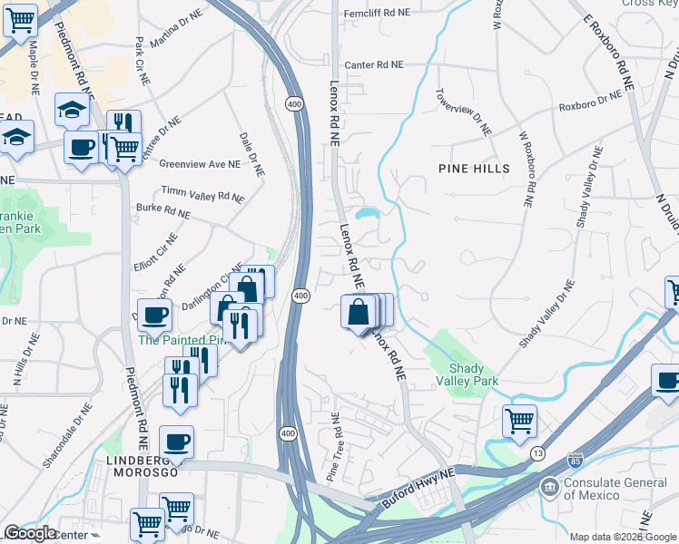 map of restaurants, bars, coffee shops, grocery stores, and more near 2914 Lenox Road Northeast in Atlanta