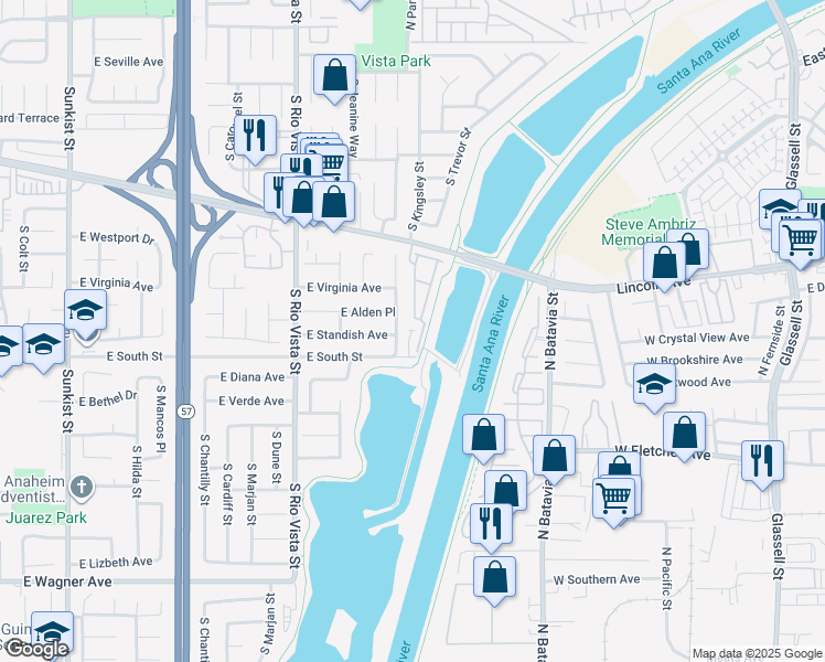 map of restaurants, bars, coffee shops, grocery stores, and more near 636 South Lakeshore Drive in Anaheim
