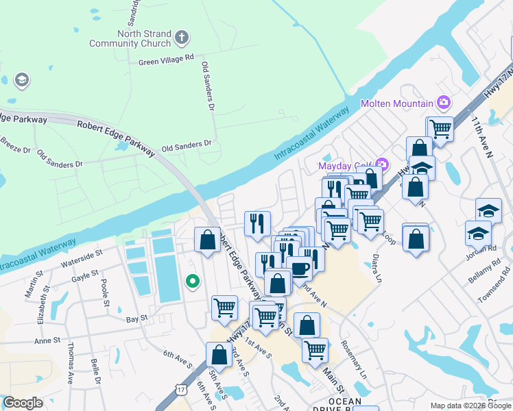 map of restaurants, bars, coffee shops, grocery stores, and more near 203 Landing Road in North Myrtle Beach
