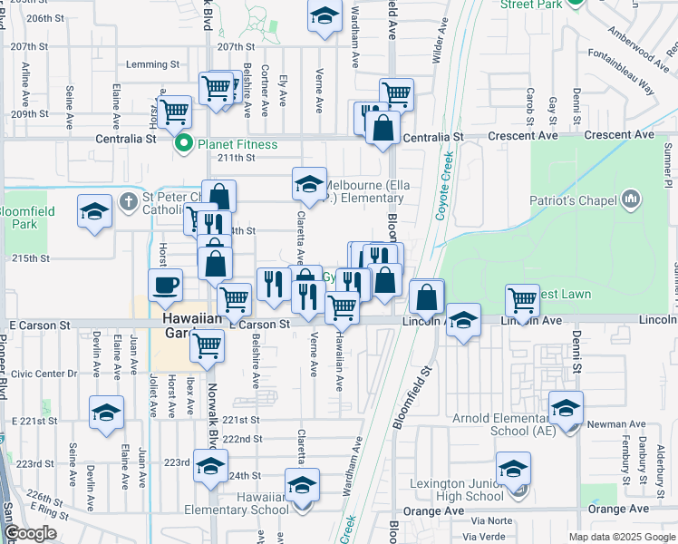 map of restaurants, bars, coffee shops, grocery stores, and more near 12452 215th Street in Lakewood