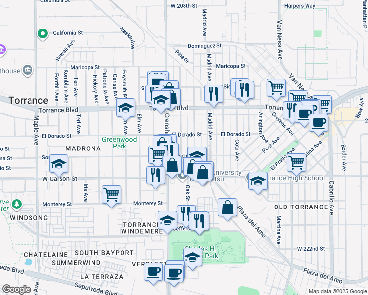 map of restaurants, bars, coffee shops, grocery stores, and more near 1508 Beech Avenue in Torrance