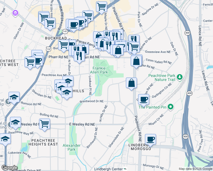 map of restaurants, bars, coffee shops, grocery stores, and more near 2882 North Hills Drive Northeast in Atlanta