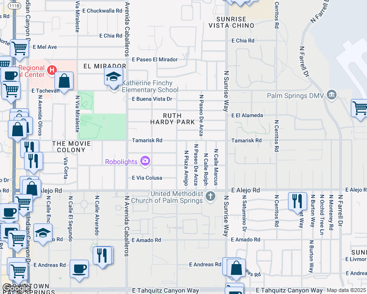 map of restaurants, bars, coffee shops, grocery stores, and more near 1280 Tamarisk Road in Palm Springs