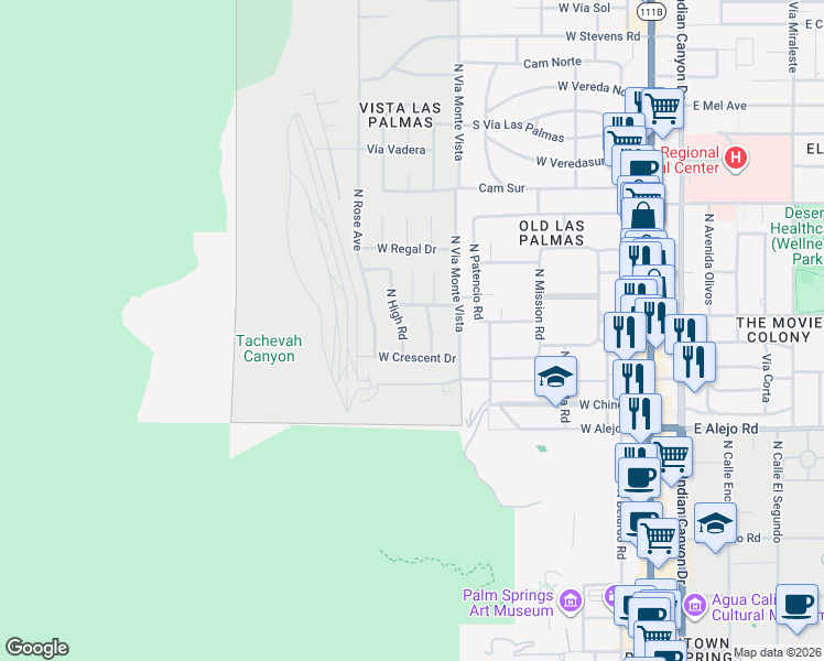 map of restaurants, bars, coffee shops, grocery stores, and more near 753 West Leisure Way in Palm Springs