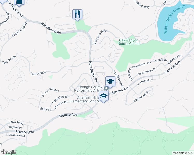 map of restaurants, bars, coffee shops, grocery stores, and more near 6540 East Paseo Diego in Anaheim