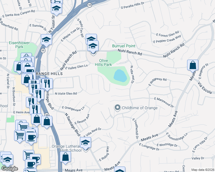 map of restaurants, bars, coffee shops, grocery stores, and more near 2771 East Vista Ridge Drive in Orange