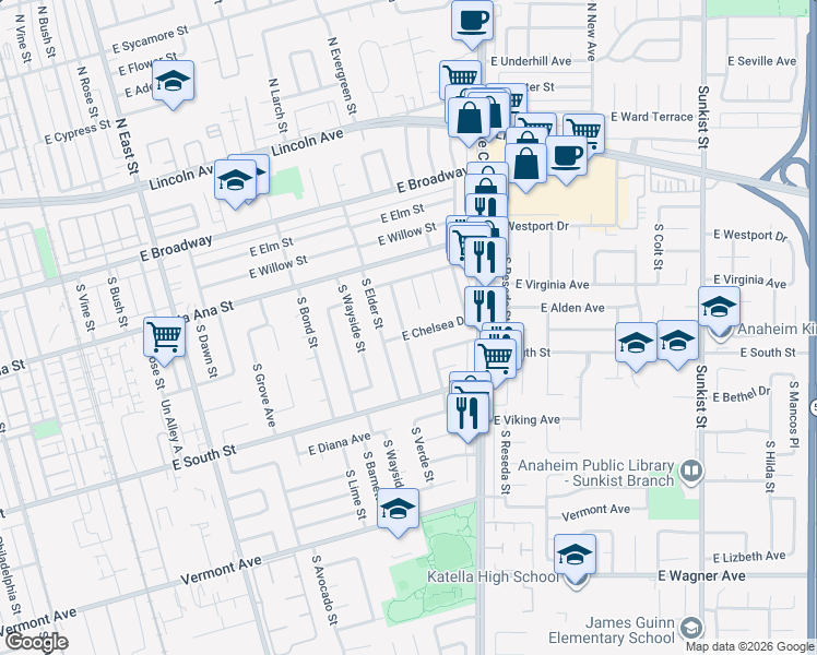 map of restaurants, bars, coffee shops, grocery stores, and more near 543 South Dorchester Street in Anaheim
