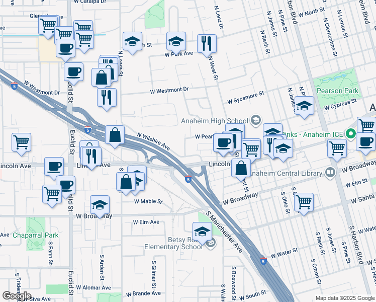 map of restaurants, bars, coffee shops, grocery stores, and more near 1310 West Diamond Street in Anaheim