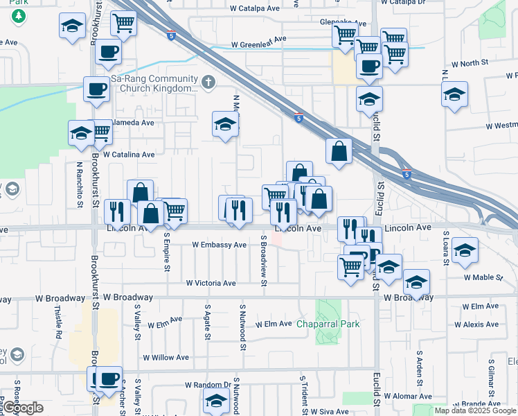 map of restaurants, bars, coffee shops, grocery stores, and more near 174 North Muller Street in Anaheim