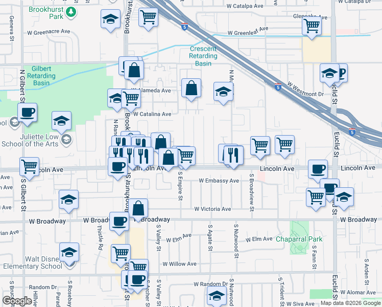 map of restaurants, bars, coffee shops, grocery stores, and more near 202 North Aladdin Drive in Anaheim