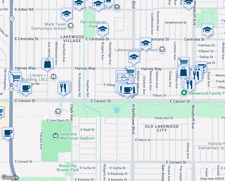 map of restaurants, bars, coffee shops, grocery stores, and more near 5342 East Village Road in Long Beach