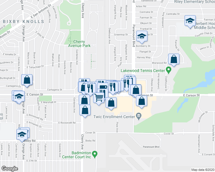 map of restaurants, bars, coffee shops, grocery stores, and more near 4151 Deeboyar Avenue in Lakewood