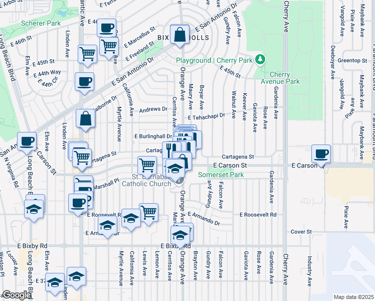map of restaurants, bars, coffee shops, grocery stores, and more near 1202 Cartagena Street in Long Beach