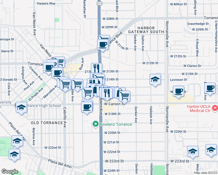 map of restaurants, bars, coffee shops, grocery stores, and more near 1642 West 214th Street in Torrance