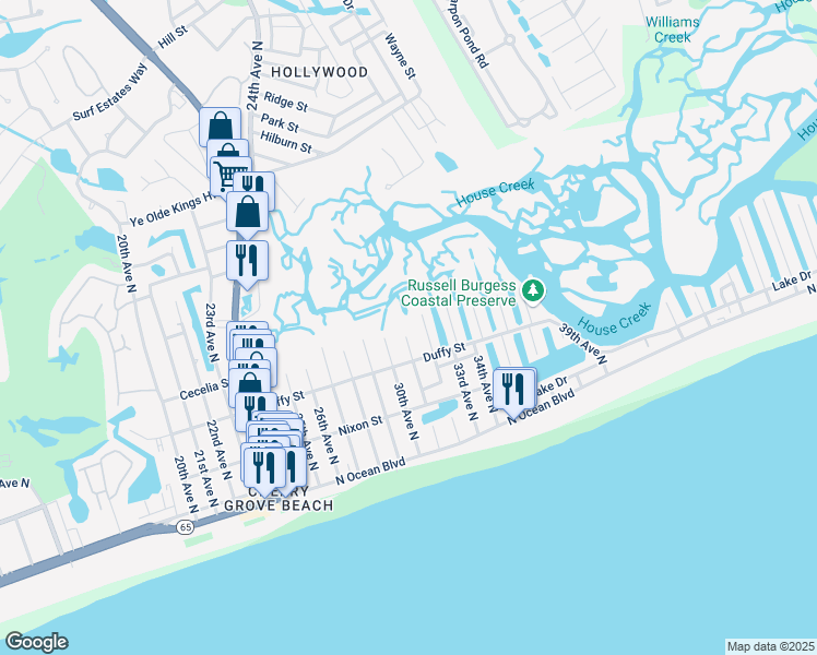 map of restaurants, bars, coffee shops, grocery stores, and more near 419 32nd Avenue North in North Myrtle Beach