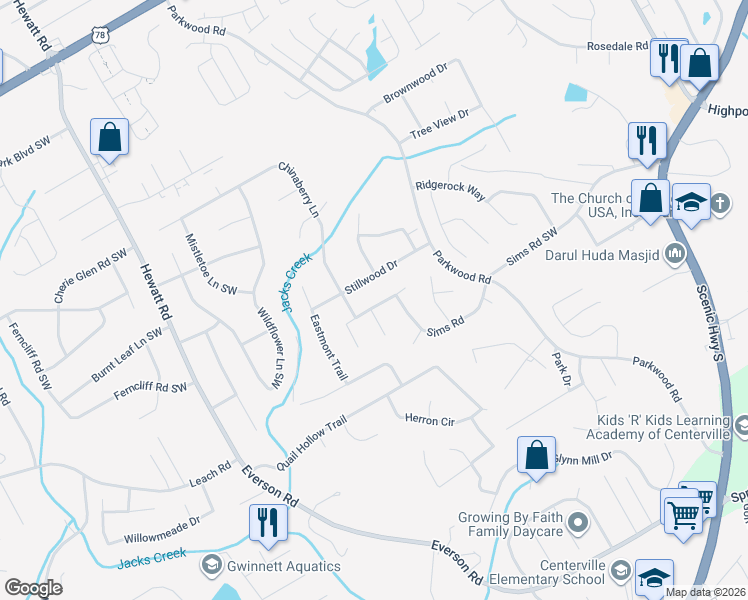 map of restaurants, bars, coffee shops, grocery stores, and more near 3560 Stillwood Drive in Snellville