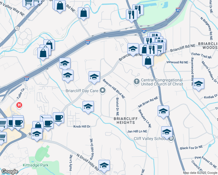map of restaurants, bars, coffee shops, grocery stores, and more near 1788 Beacon Hill Boulevard Northeast in Atlanta