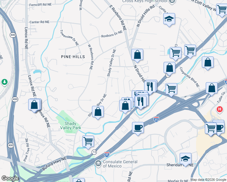 map of restaurants, bars, coffee shops, grocery stores, and more near 1726 Buckhead Lane Northeast in Atlanta