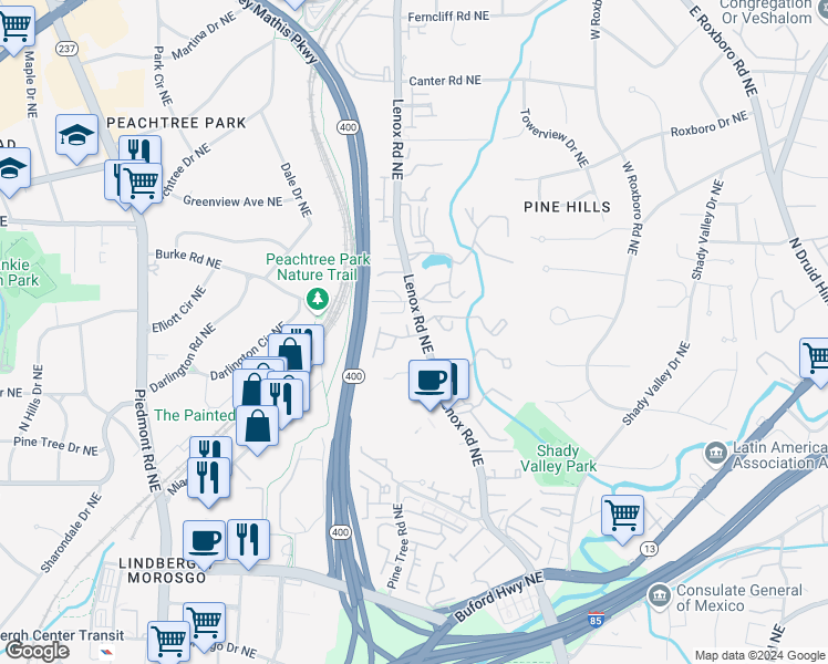 map of restaurants, bars, coffee shops, grocery stores, and more near 801-899 Lenox Way Northeast in Atlanta