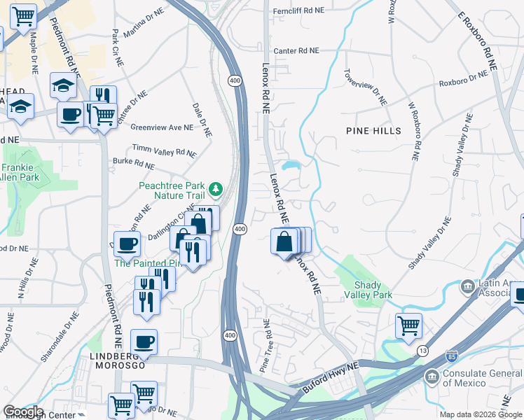 map of restaurants, bars, coffee shops, grocery stores, and more near 2914 Lenox Road Northeast in Atlanta