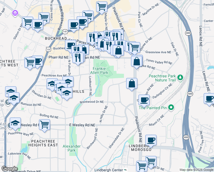 map of restaurants, bars, coffee shops, grocery stores, and more near 2882 North Hills Drive Northeast in Atlanta