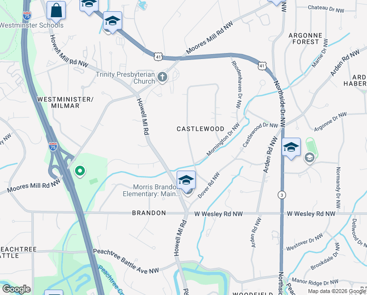 map of restaurants, bars, coffee shops, grocery stores, and more near 3271 Rockingham Drive Northwest in Atlanta