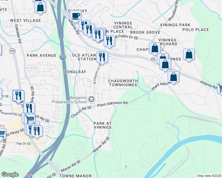 map of restaurants, bars, coffee shops, grocery stores, and more near 4841 Colchester Court in Smyrna
