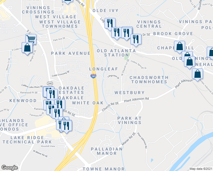 map of restaurants, bars, coffee shops, grocery stores, and more near 2502 Longcourt Circle in Smyrna