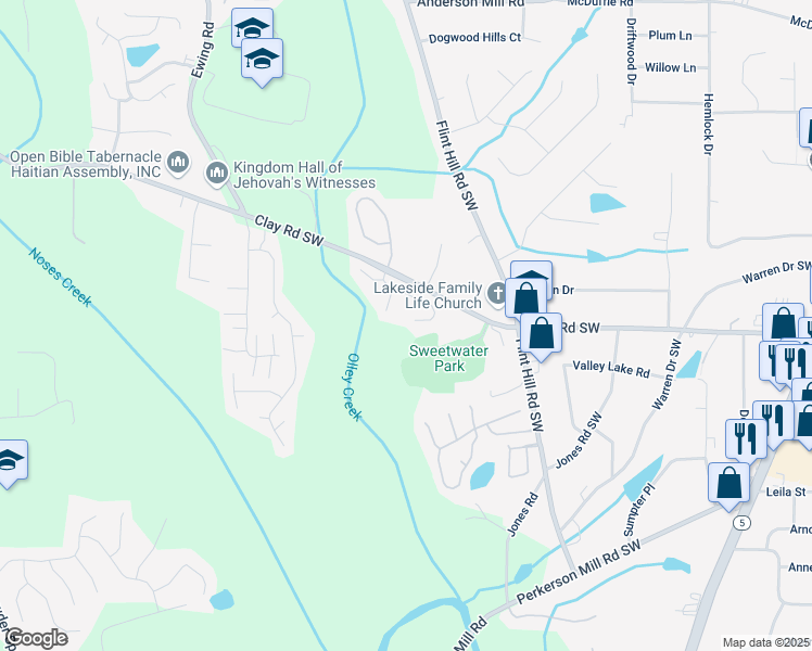 map of restaurants, bars, coffee shops, grocery stores, and more near 2412 Wingfield Drive Southwest in Austell