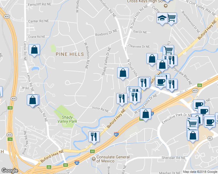 map of restaurants, bars, coffee shops, grocery stores, and more near 1726 Buckhead Lane Northeast in Atlanta