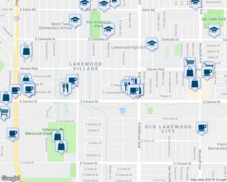 map of restaurants, bars, coffee shops, grocery stores, and more near 5315 East Greenmeadow Road in Long Beach