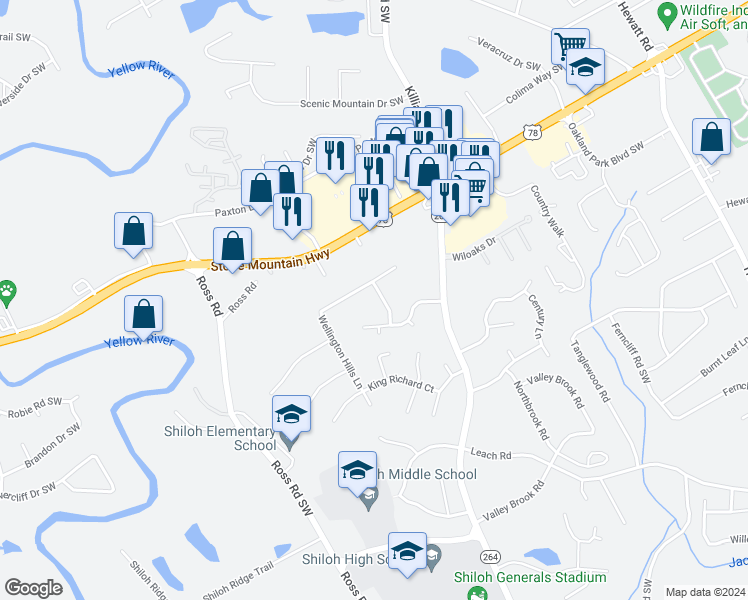 map of restaurants, bars, coffee shops, grocery stores, and more near 2263 Wellington Hills Way in Snellville